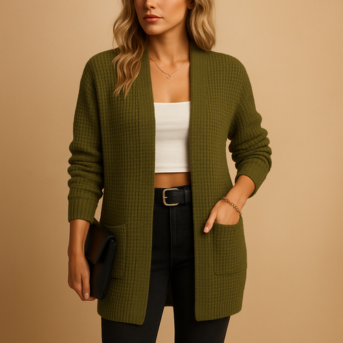 Long V-neck cardigan with pockets for women.