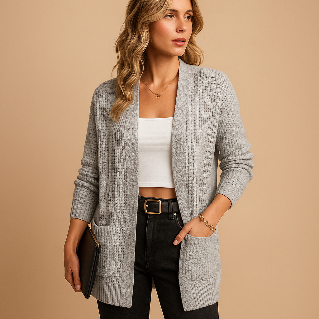 Long V-neck cardigan with pockets for women.