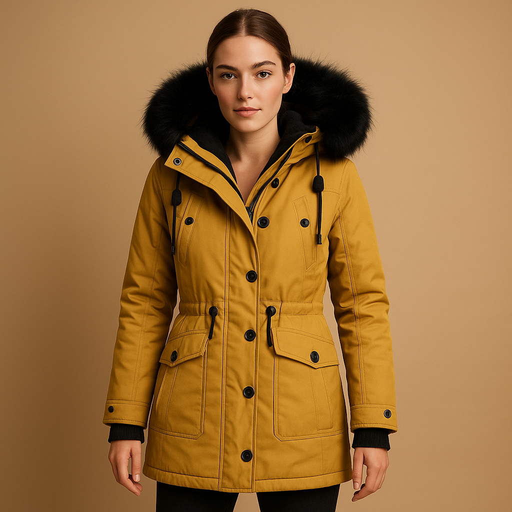 Long waterproof winter coat with faux fur collar for women