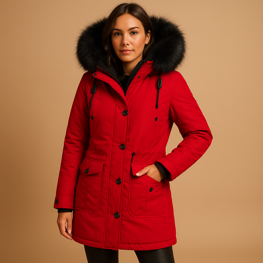 Long waterproof winter coat with faux fur collar for women