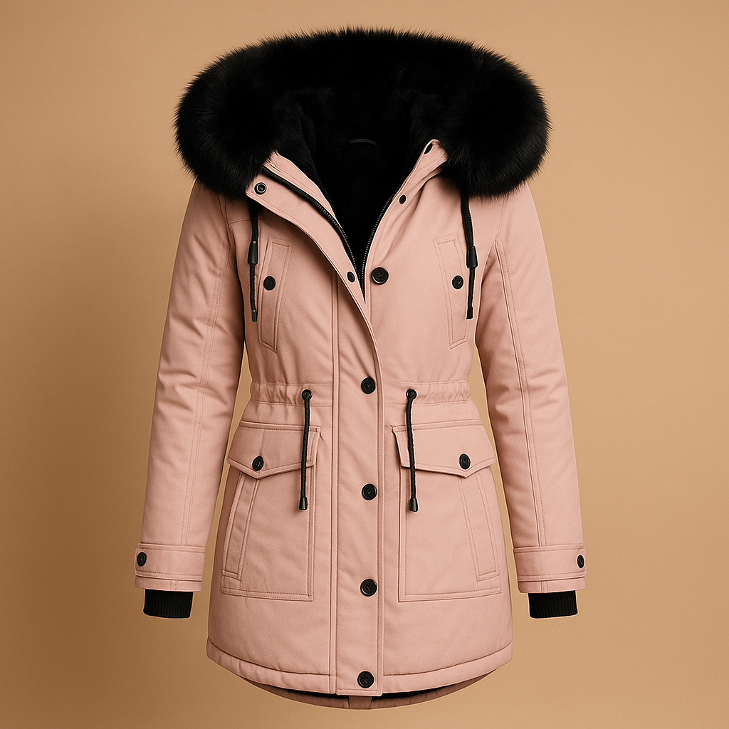 Long waterproof winter coat with faux fur collar for women
