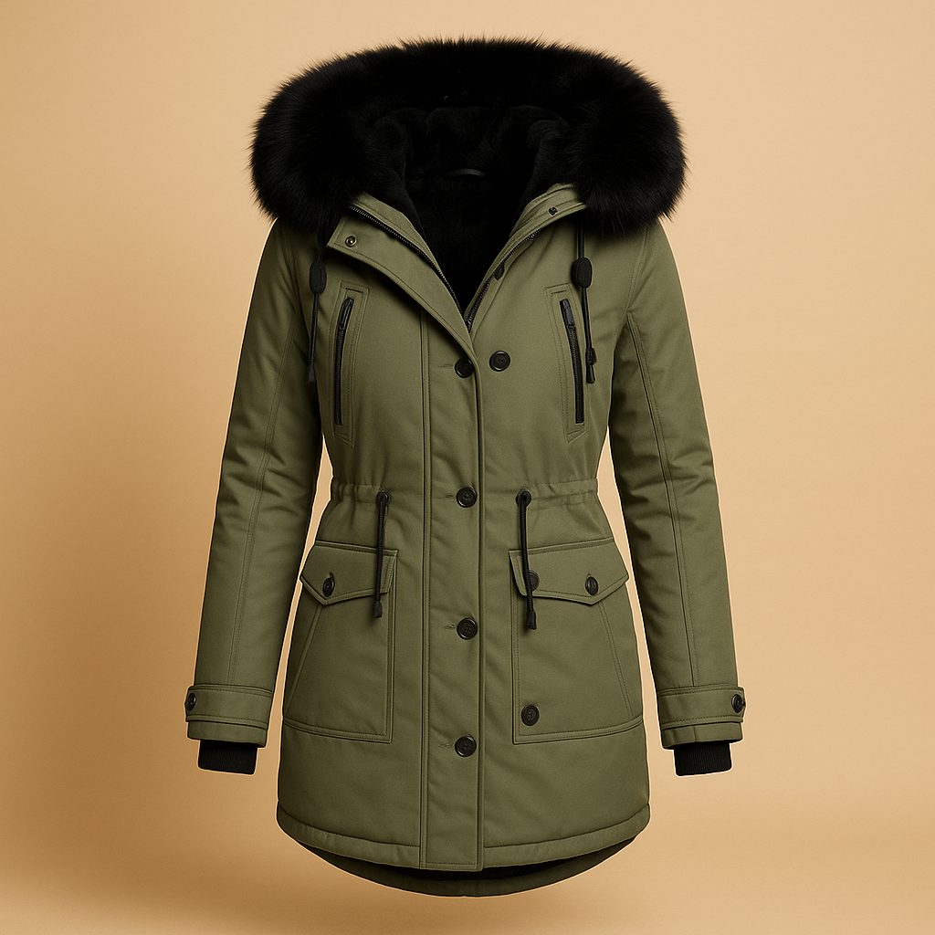 Long waterproof winter coat with faux fur collar for women