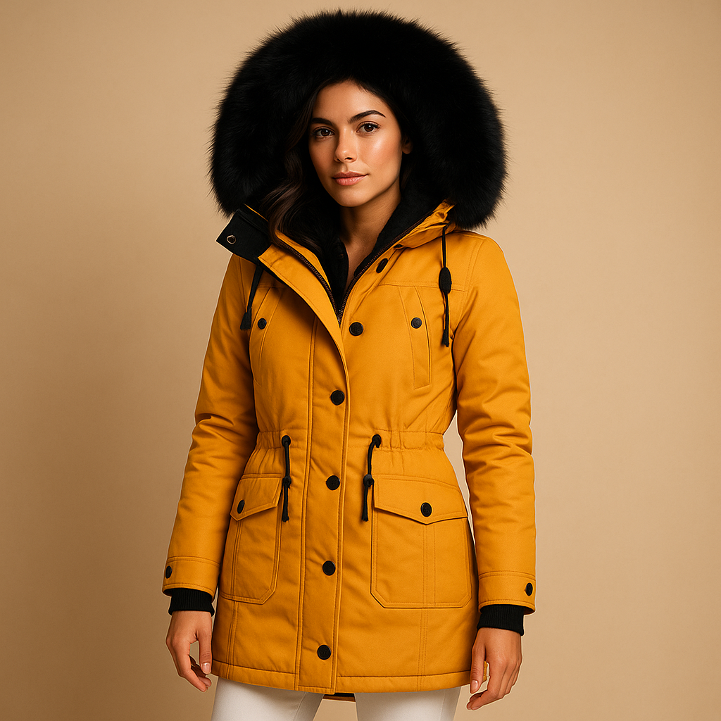 Long waterproof winter coat with faux fur collar for women
