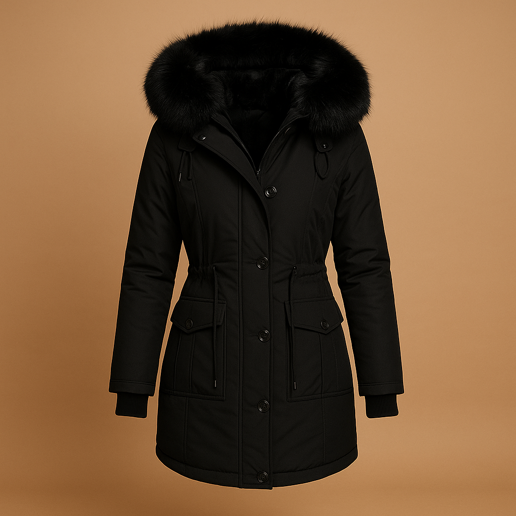 Long waterproof winter coat with faux fur collar for women