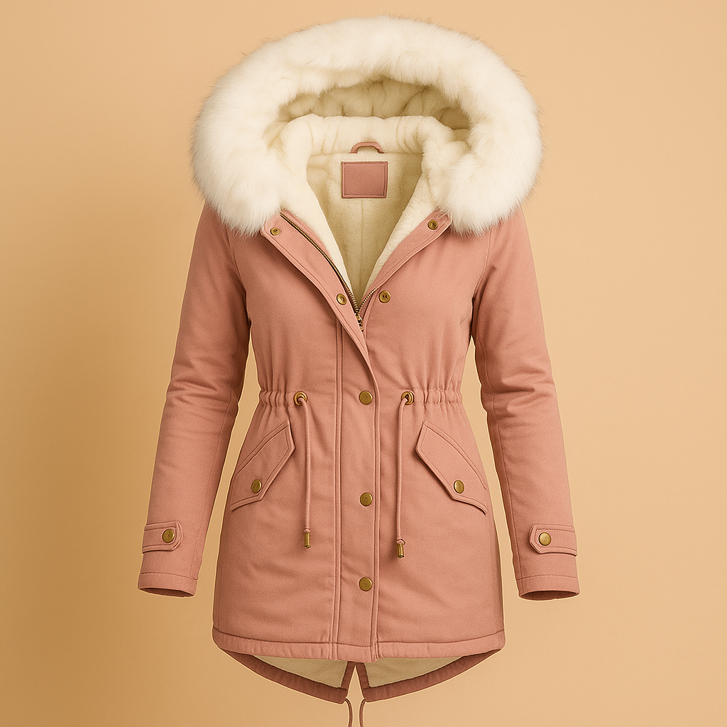 Long winter coat with faux fur hood for women