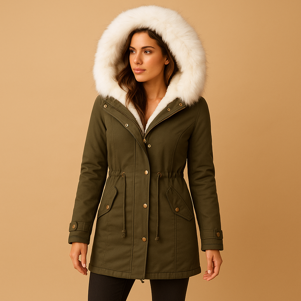 Long winter coat with faux fur hood for women
