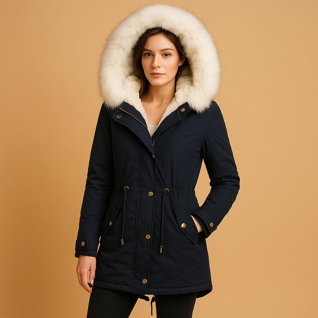 Long winter coat with faux fur hood for women