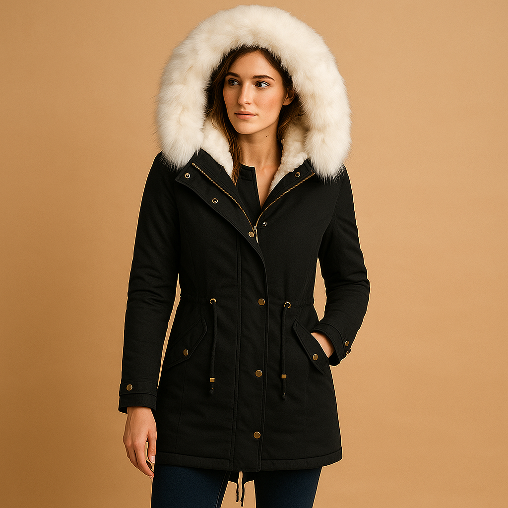 Long winter coat with faux fur hood for women