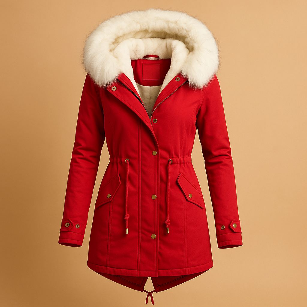 Long winter coat with faux fur hood for women