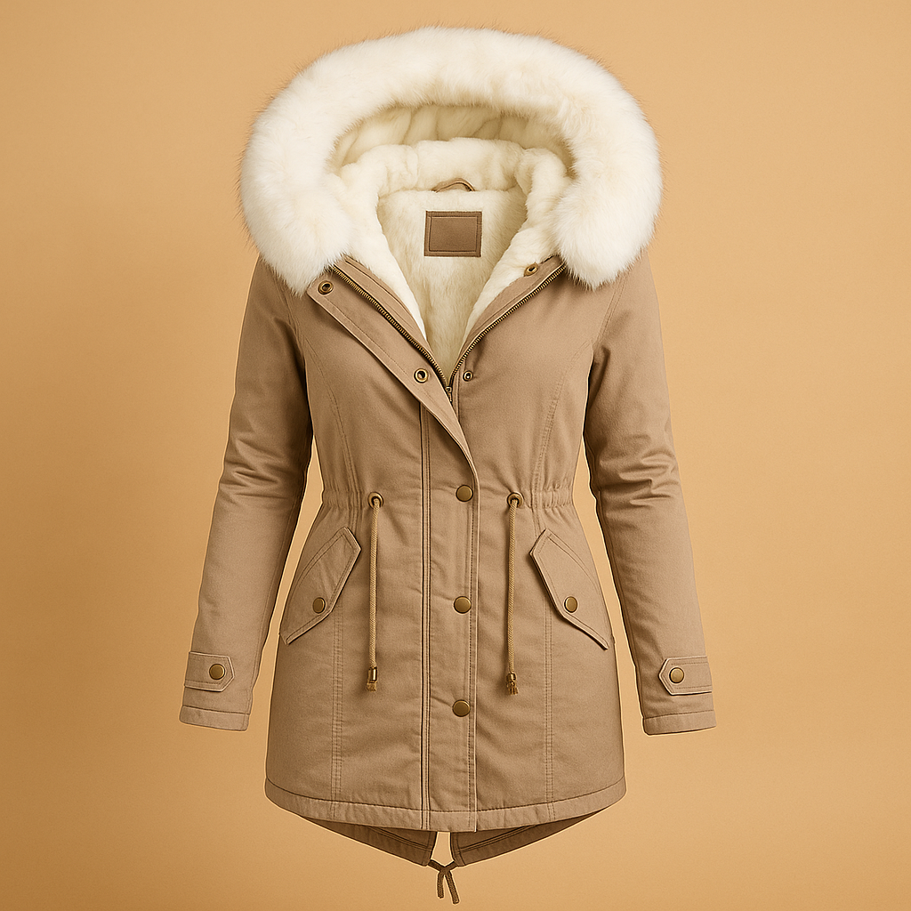 Long winter coat with faux fur hood for women