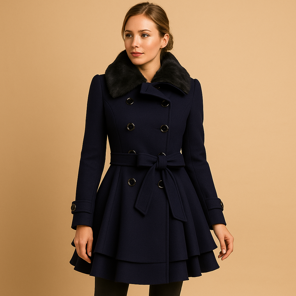 Long winter coat with faux fur collar for women