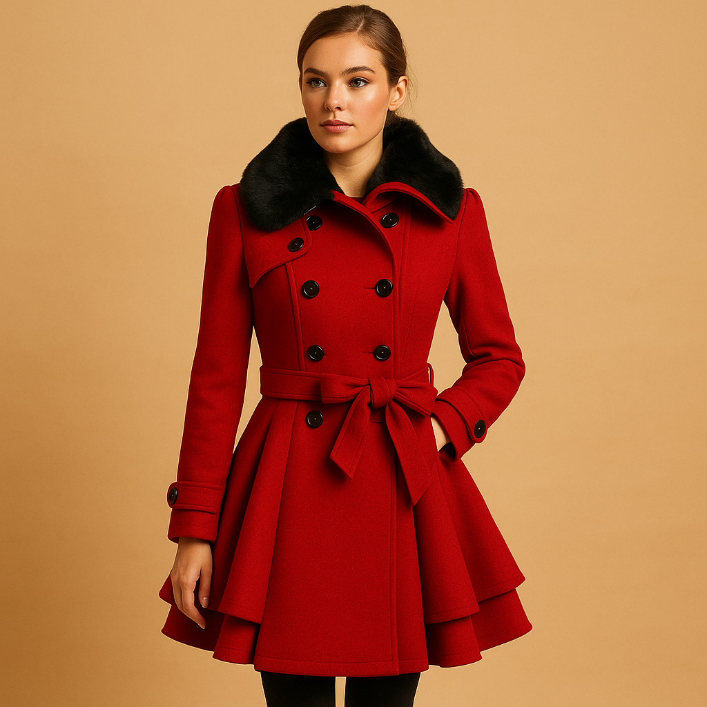 Long winter coat with faux fur collar for women
