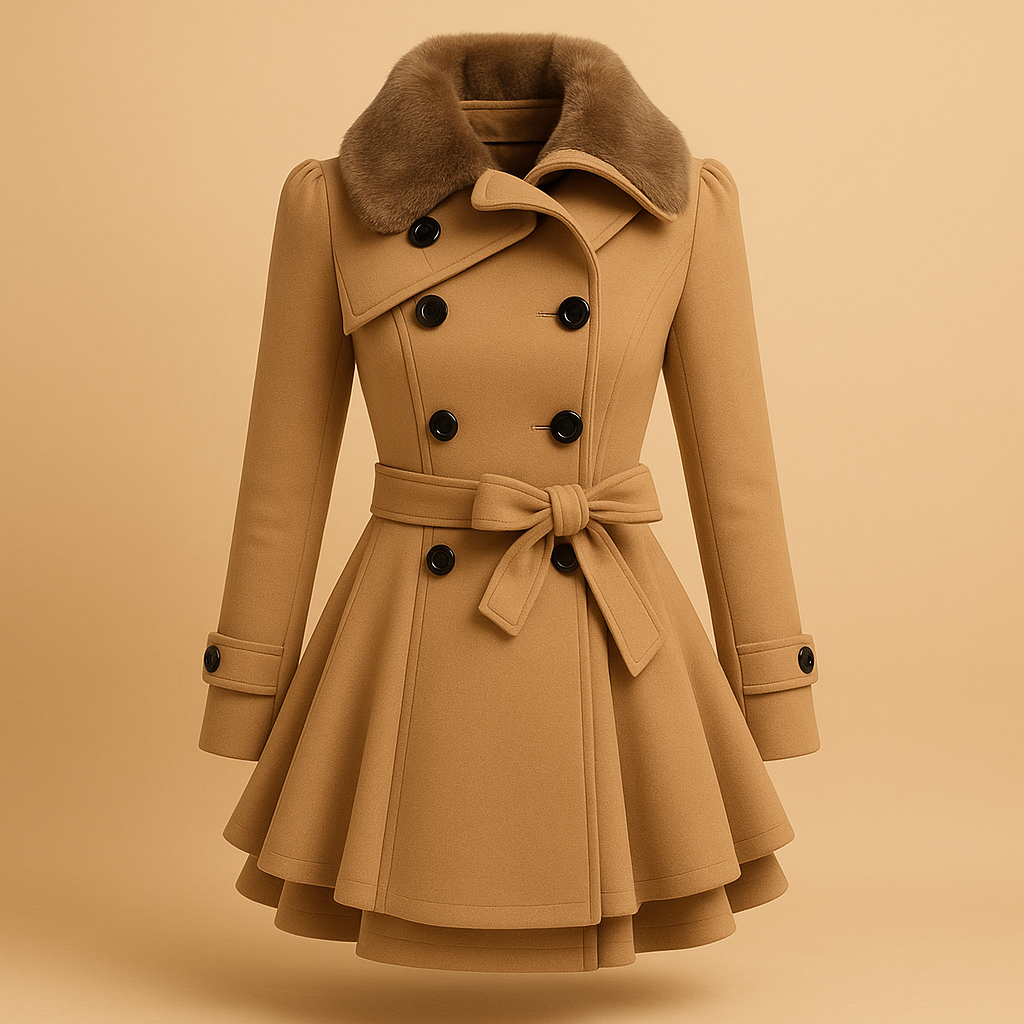 Long winter coat with faux fur collar for women