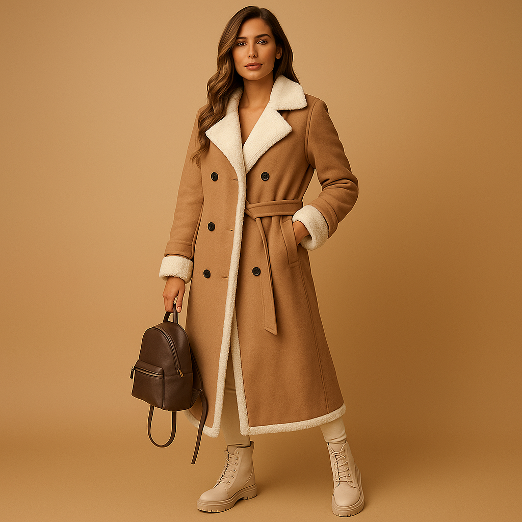 Long cashmere winter coat with lapel collar for women
