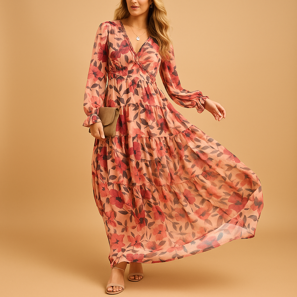 Long summer dress with floral print for women.