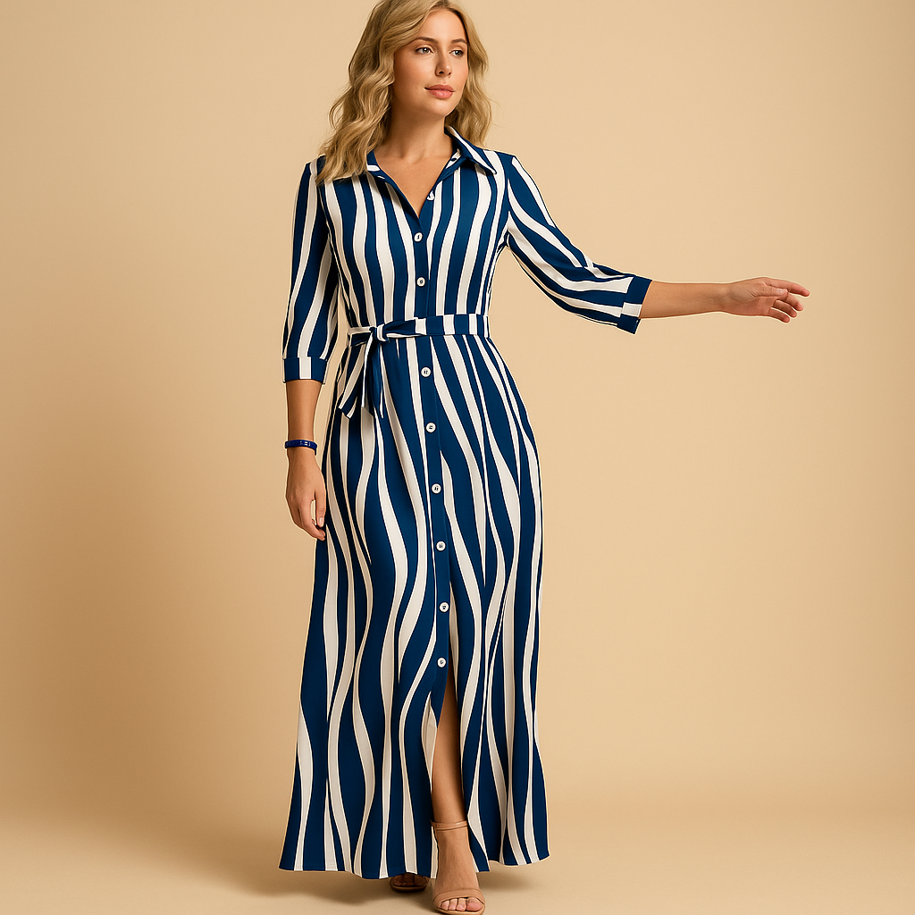 Long summer dress with loose fit and short sleeves for women.