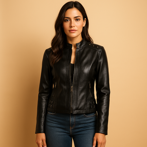 Leather biker jacket with collar and studs for women