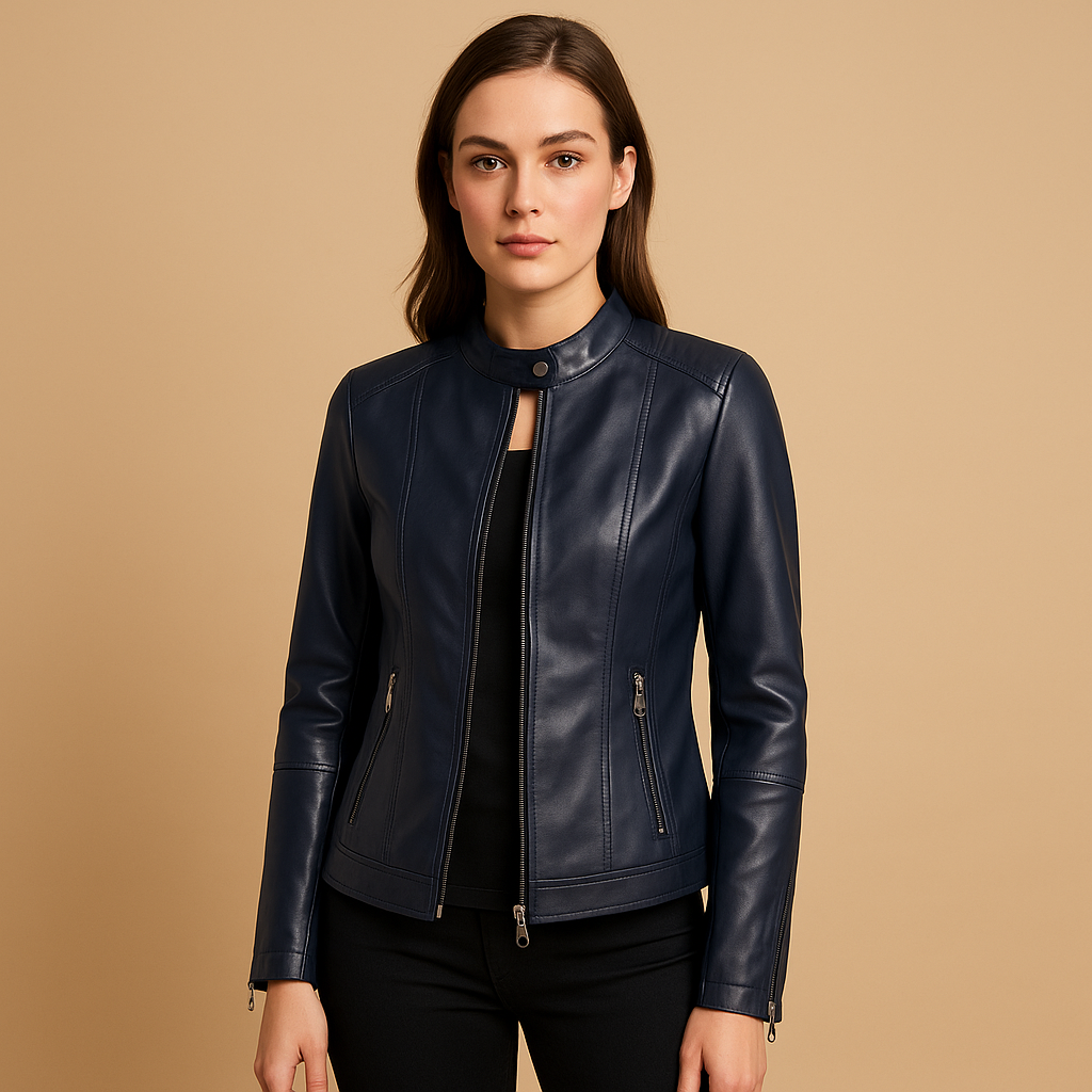 Leather biker jacket with zipper and collar for women