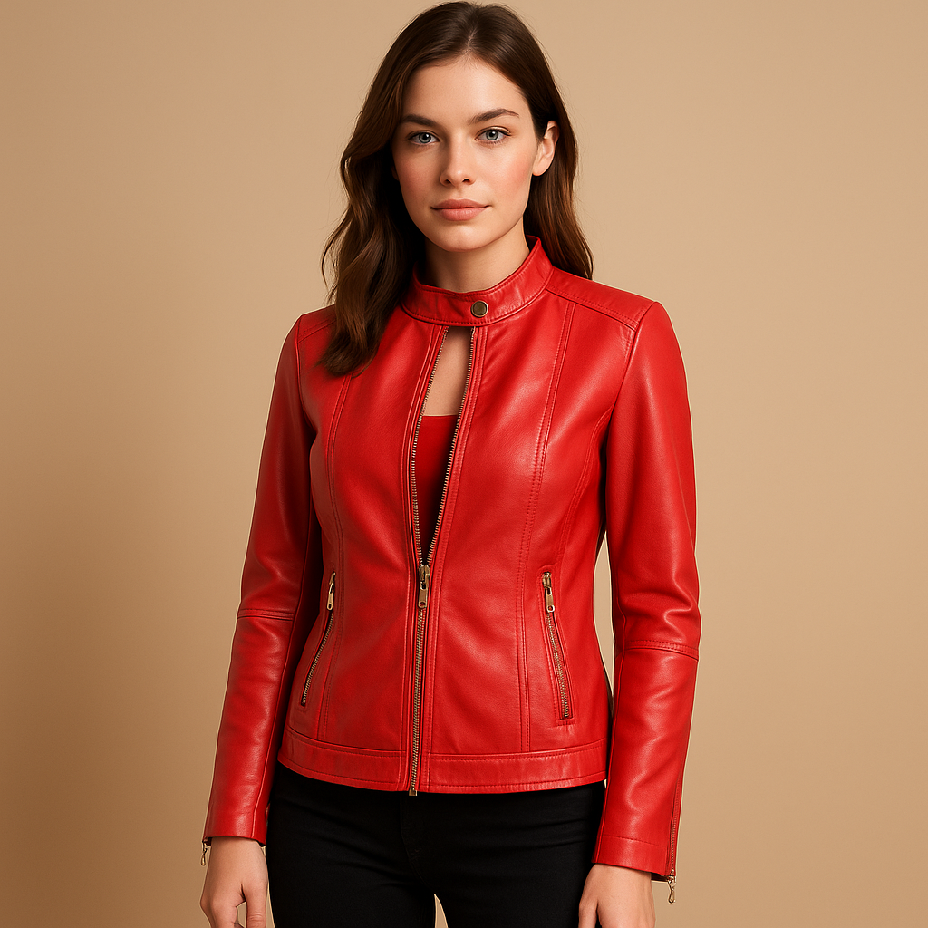 Leather biker jacket with zipper and collar for women
