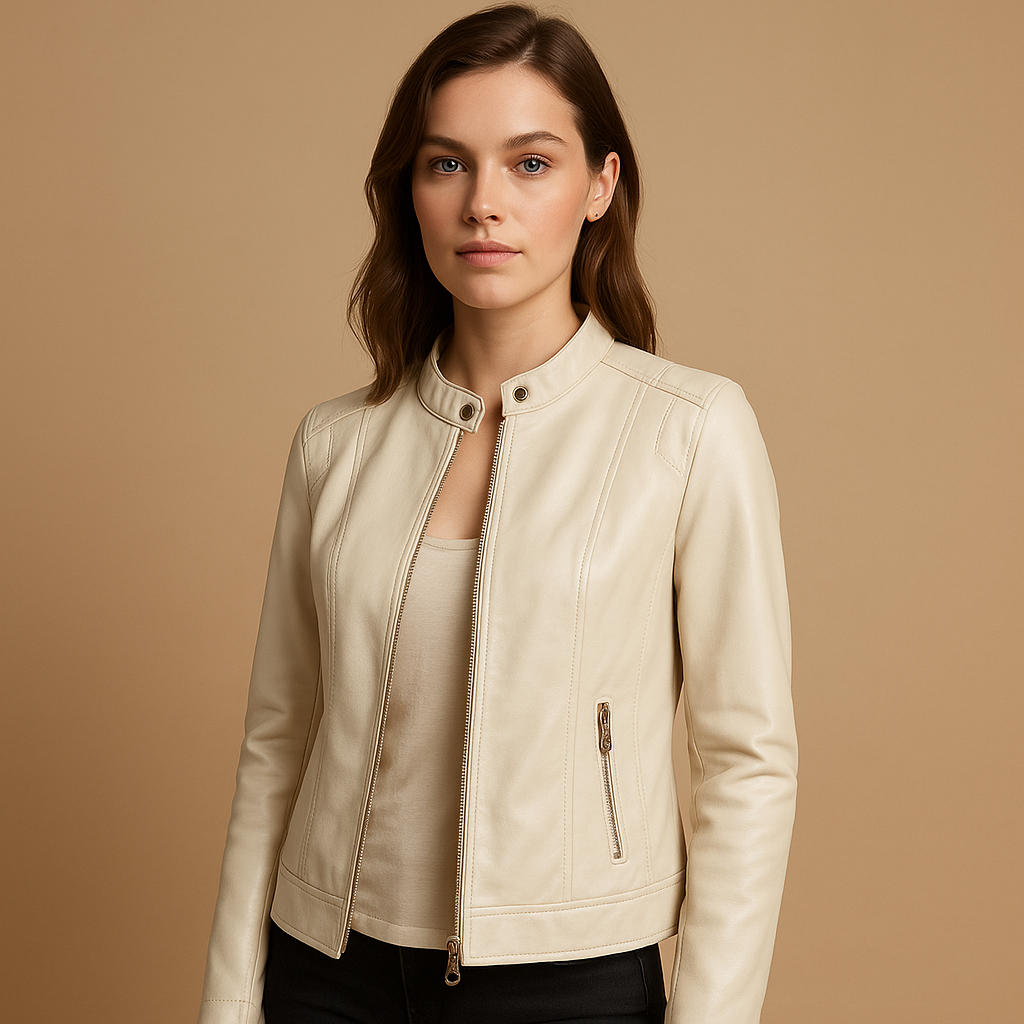 Leather biker jacket with zipper and collar for women