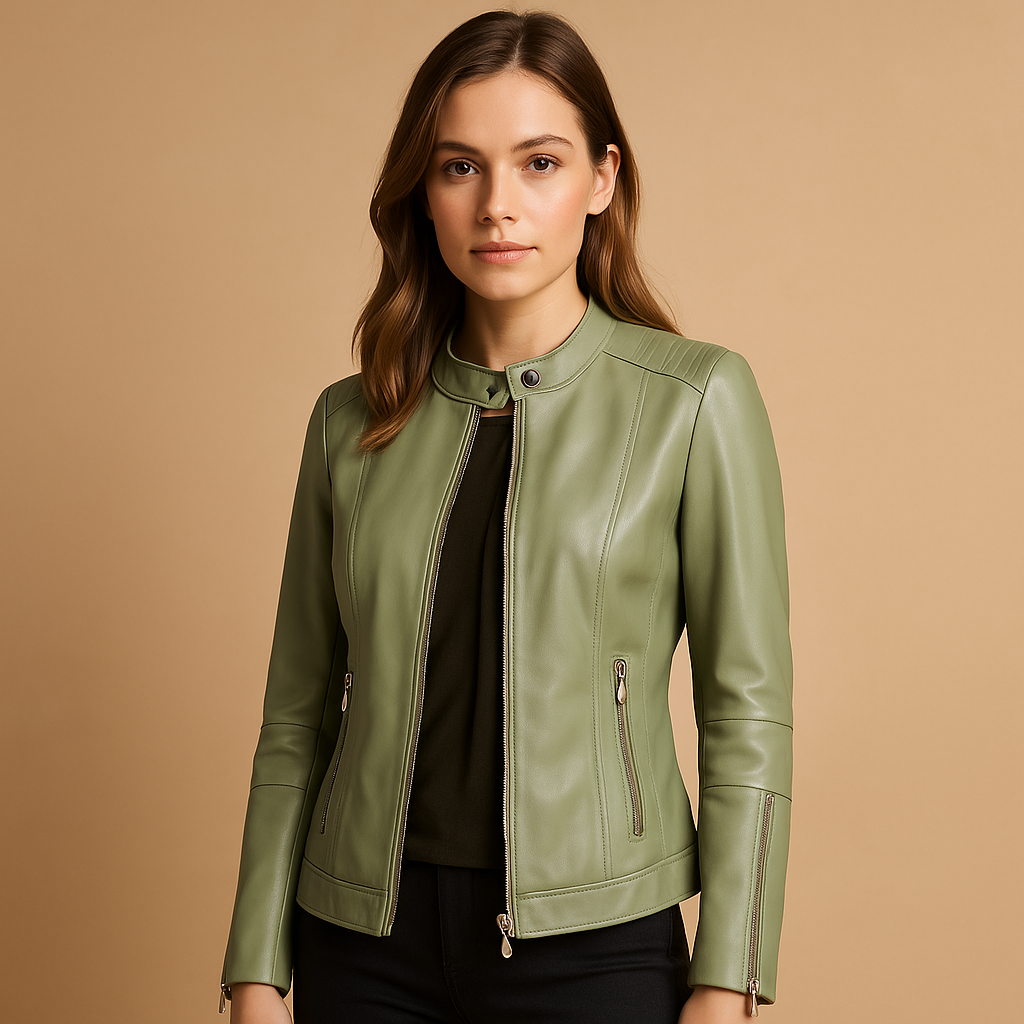 Leather biker jacket with zipper and collar for women