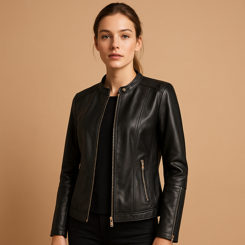 Leather biker jacket with zipper and collar for women