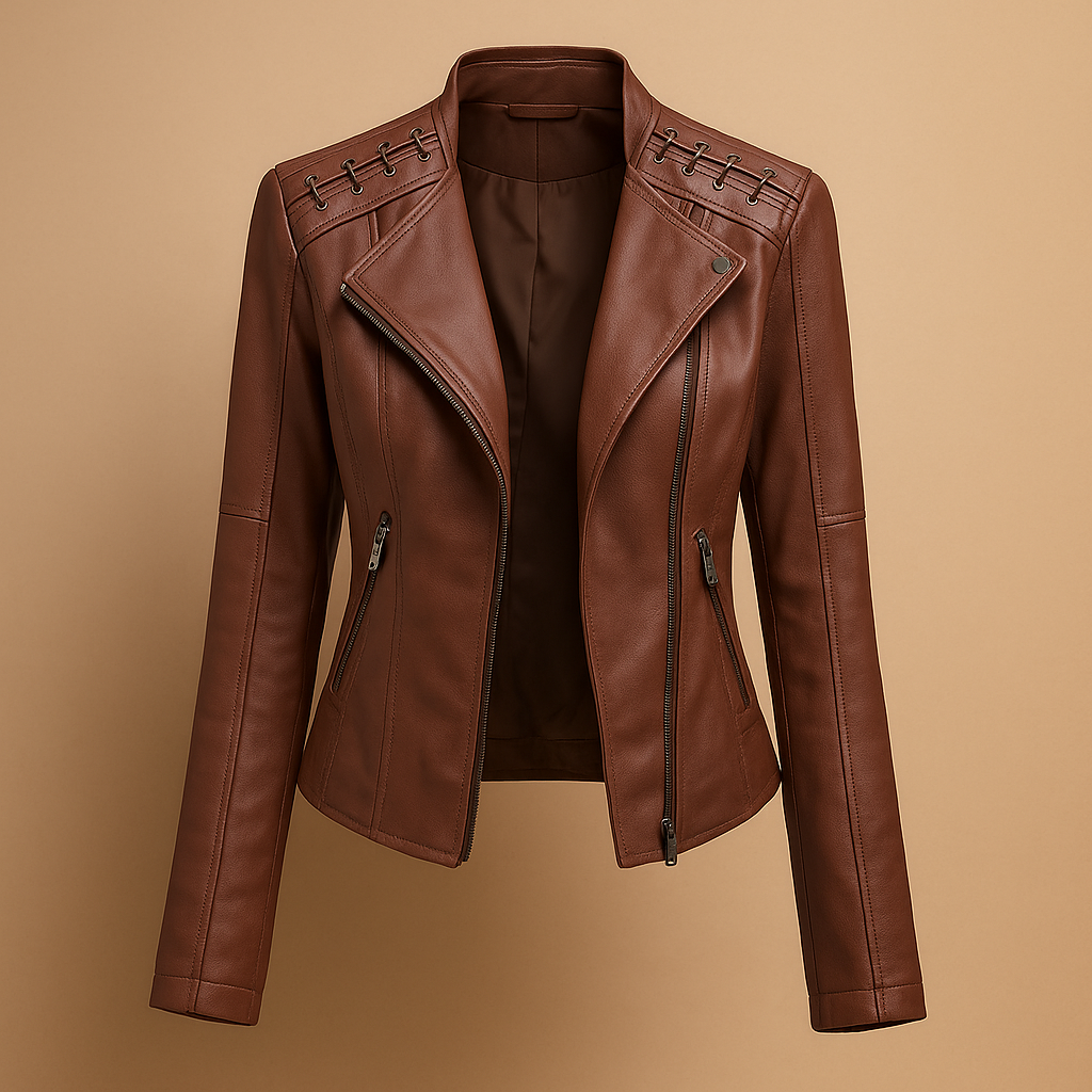 Leather women's jacket with stand-up collar and zipper details