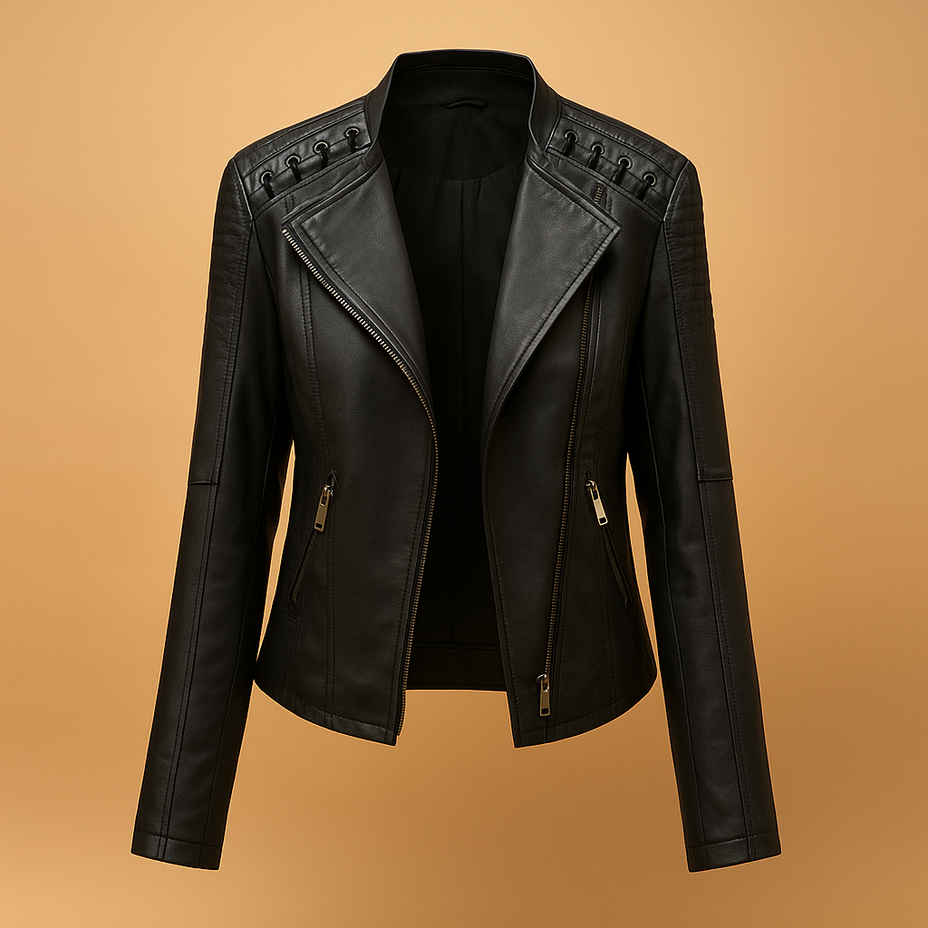 Leather women's jacket with stand-up collar and zipper details