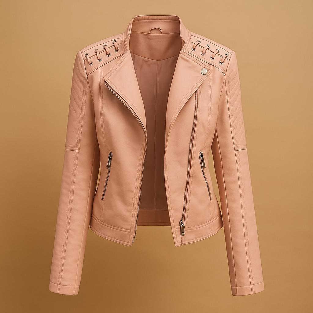 Leather women's jacket with stand-up collar and zipper details
