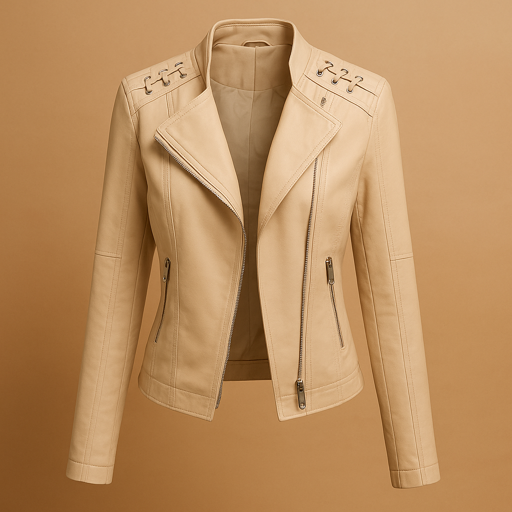 Leather women's jacket with stand-up collar and zipper details