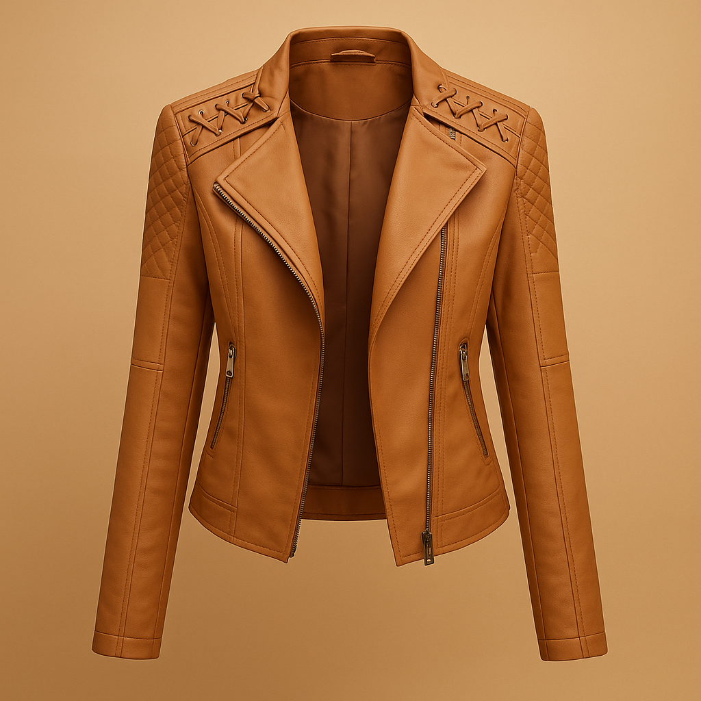 Leather women's jacket with stand-up collar and zipper details