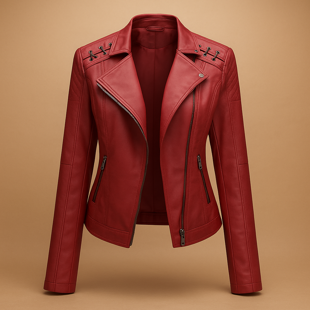 Leather women's jacket with stand-up collar and zipper details