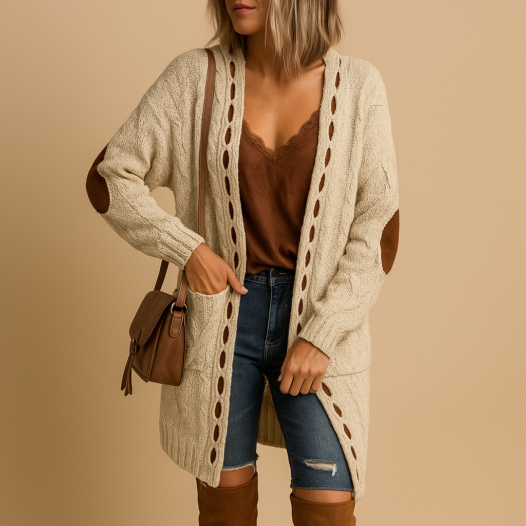 Lightweight knitted cardigan with hood for women.