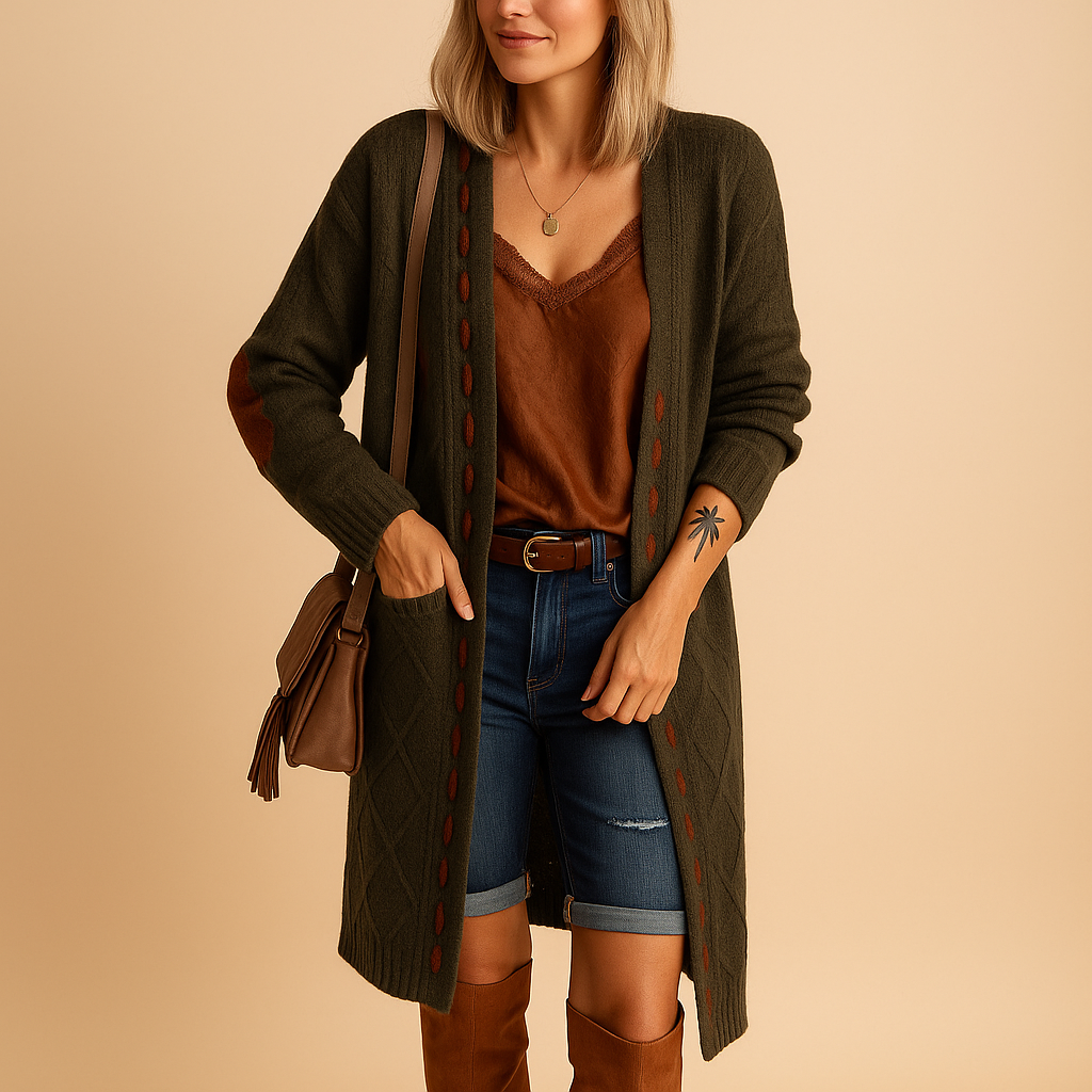 Lightweight knitted cardigan with hood for women.