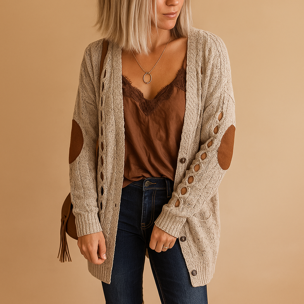 Lightweight knitted cardigan with hood for women.