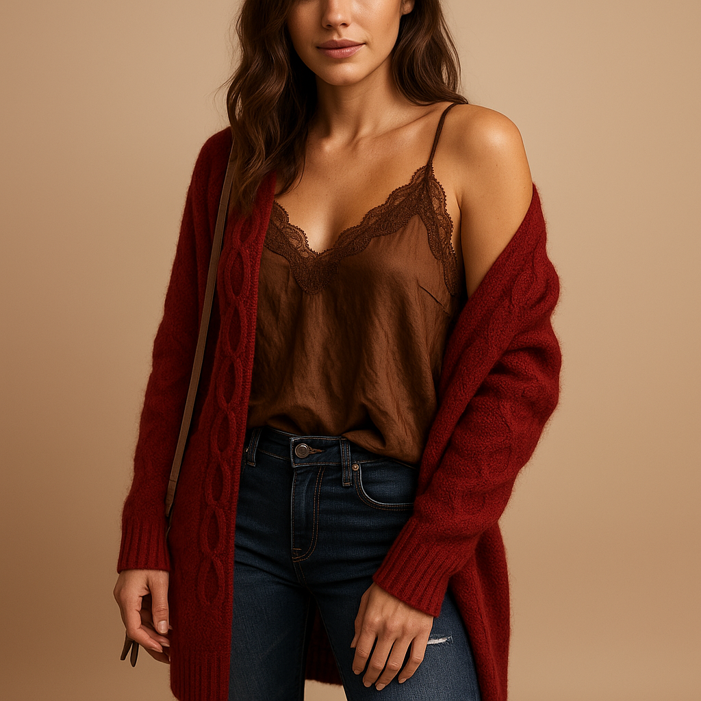 Lightweight knitted cardigan with hood for women.