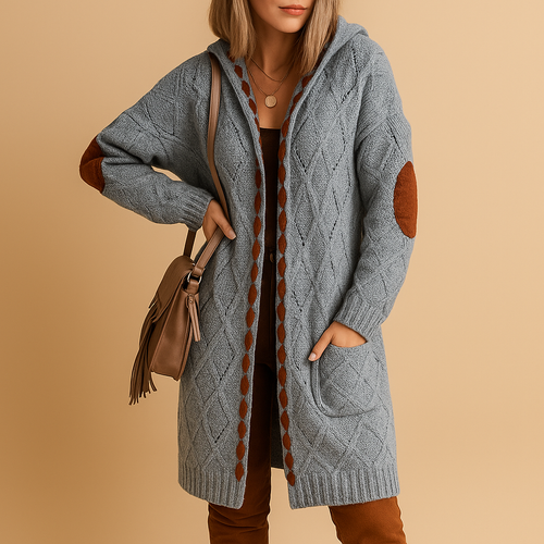 Lightweight knitted cardigan with hood for women.