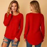 Lightweight knitted women's sweater with a round neck.