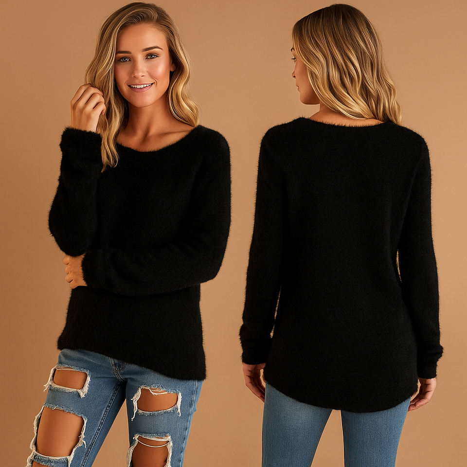 Lightweight knitted women's sweater with a round neck.