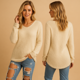 Lightweight knitted women's sweater with a round neck.
