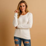 Lightweight knitted women's sweater with a round neck.