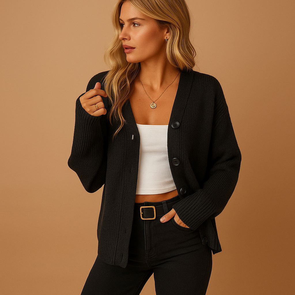 Loose-fitting women's cardigan with open front.