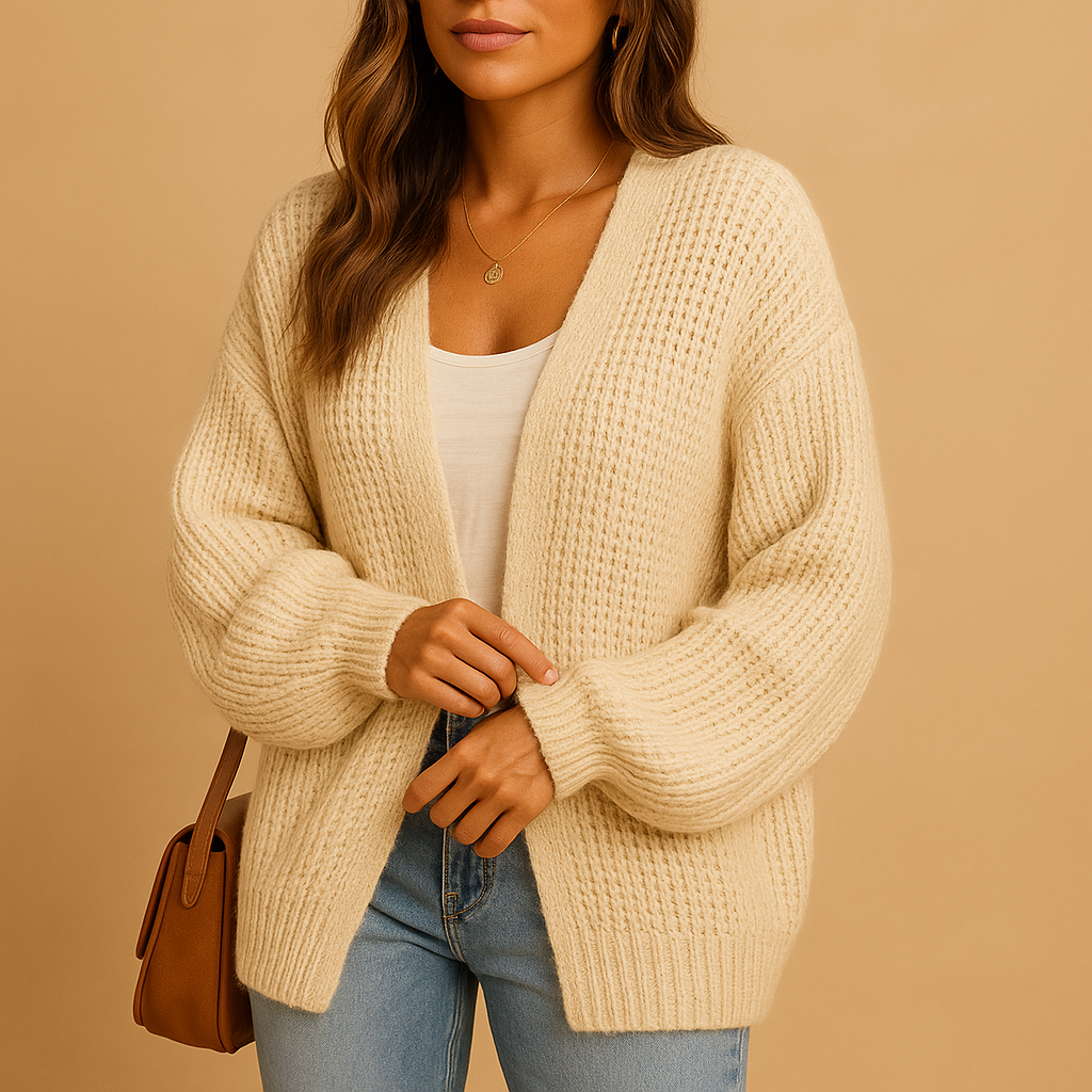 Loose-fitting knitted open women's cardigan with a casual fit.