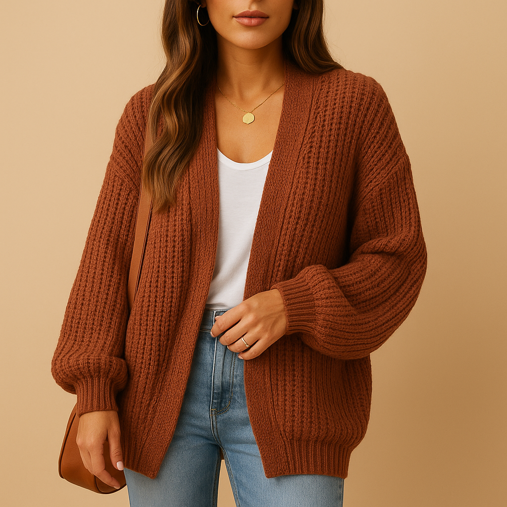 Loose-fitting knitted open women's cardigan with a casual fit.