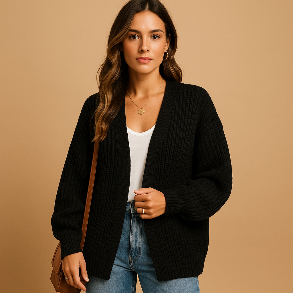 Loose-fitting knitted open women's cardigan with a casual fit.