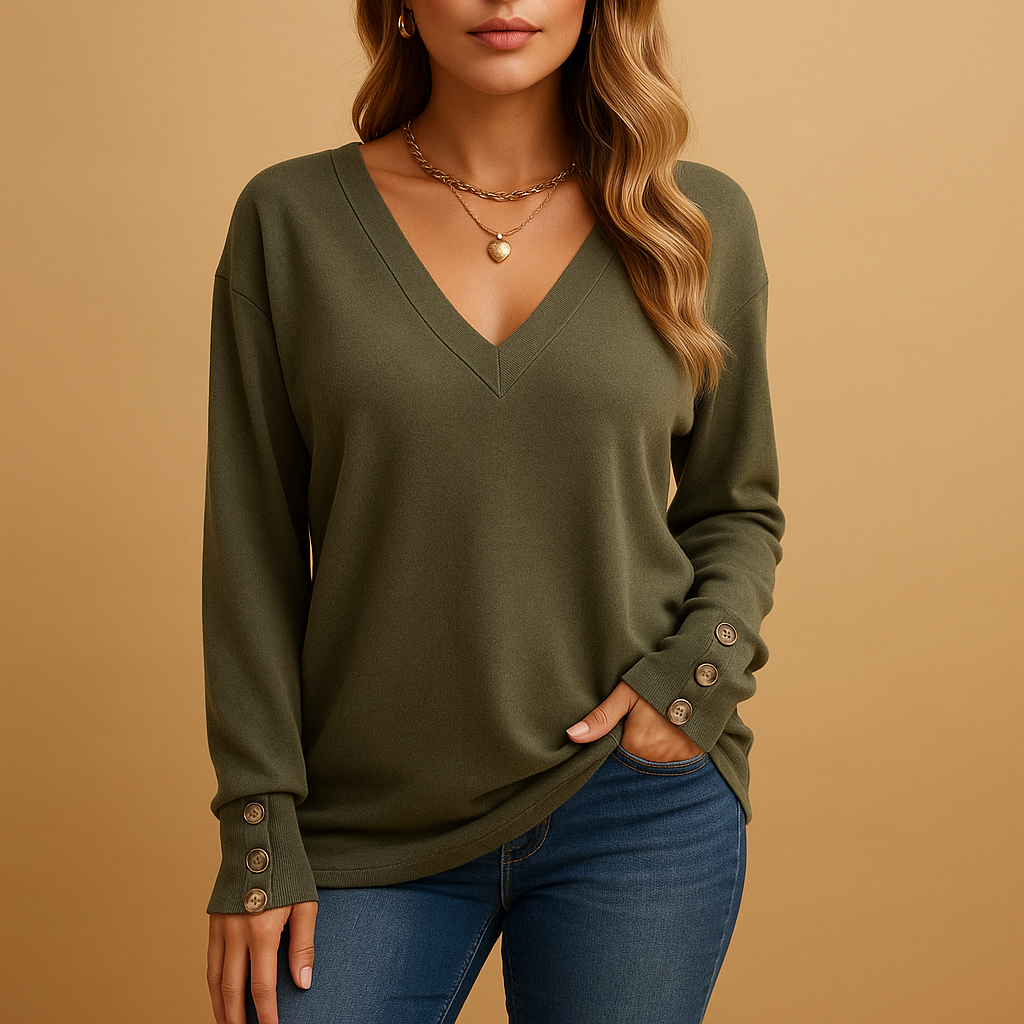 Loose-fitting blouse with V-neck and button details for women
