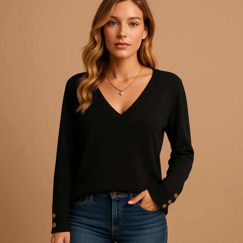 Loose-fitting blouse with V-neck and button details for women