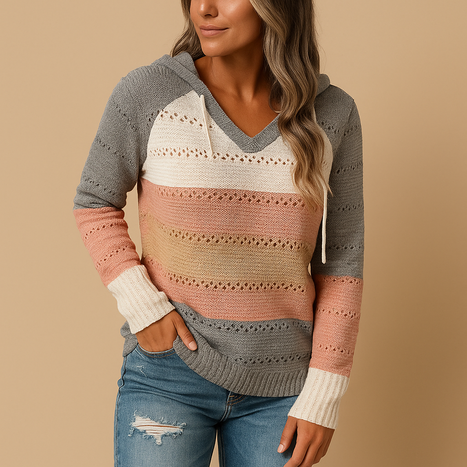 Loose-fitting V-neck women's sweater made from breathable knit fabric.