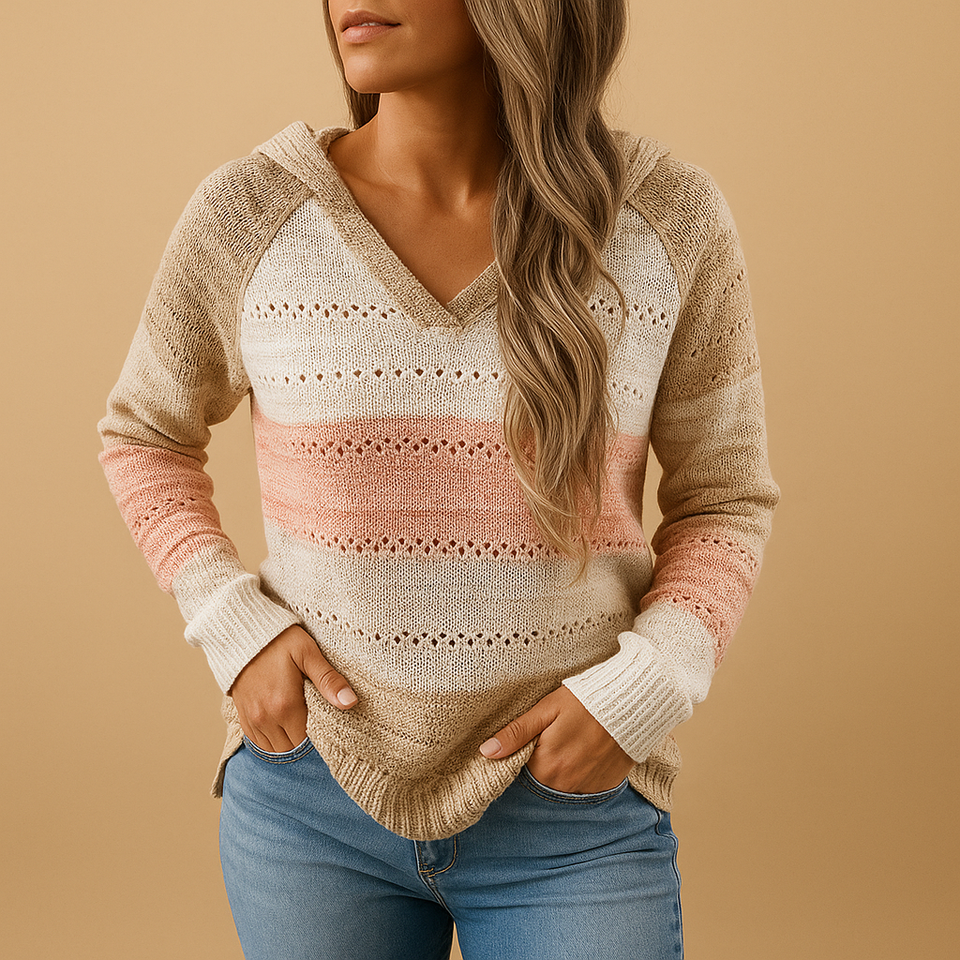 Loose-fitting V-neck women's sweater made from breathable knit fabric.