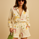 Loungewear set with collar and shorts for women.